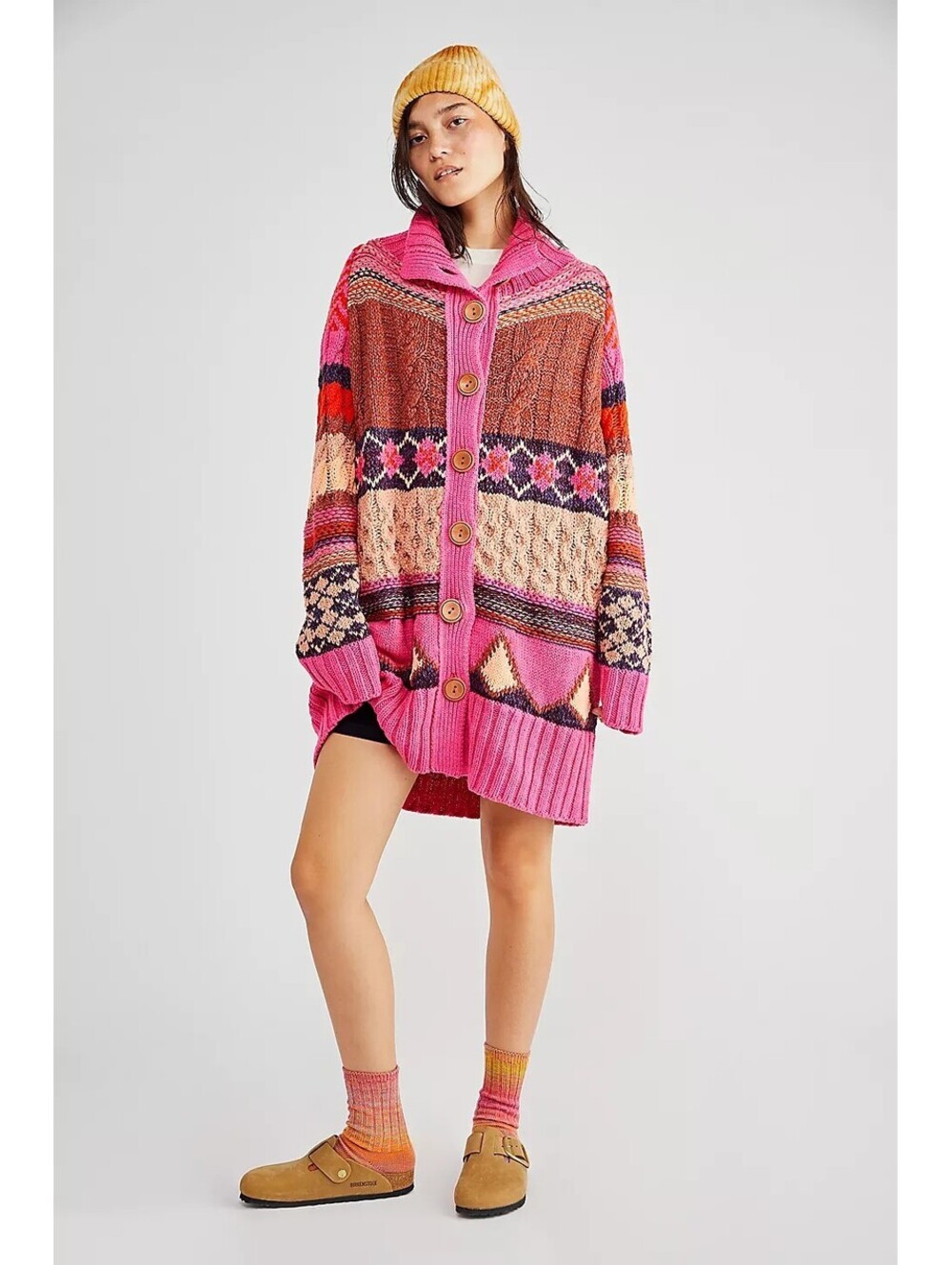 Free People Argyle Smile Cardigan Medium Pink Punch Knit Boho Hippie Sweater